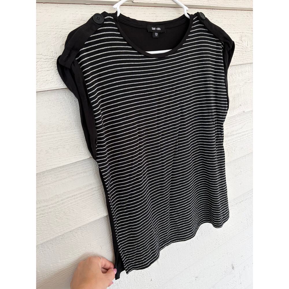 Saint + Sofia Black Silver Stripe Shoulder Button Top Size 6 - Picture 5 of 8